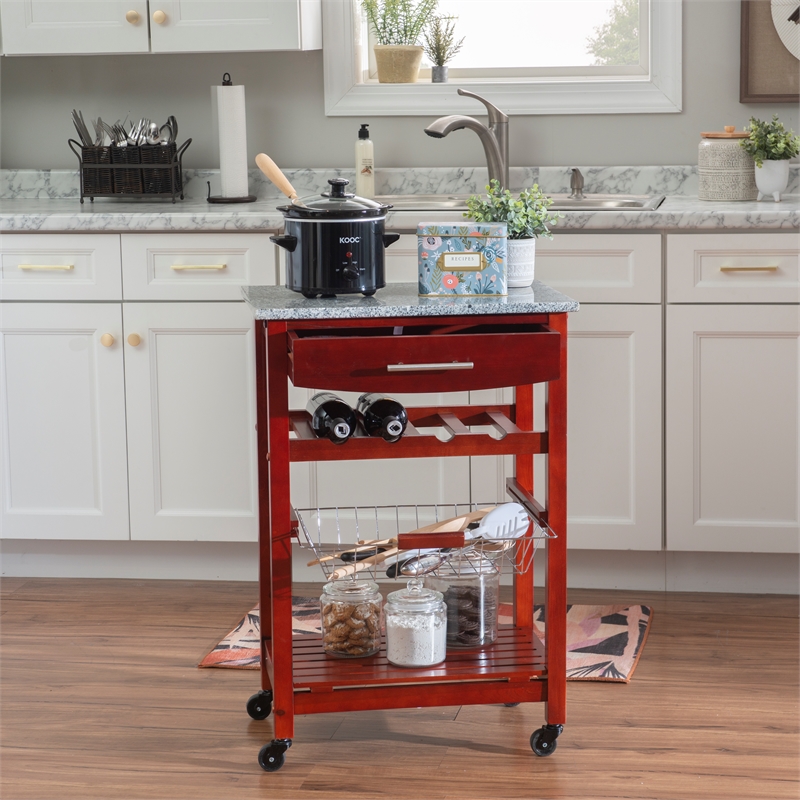 Linon Natalie Granite Top Rollng Kitchen Storage Cart in Wenge Brown Wood