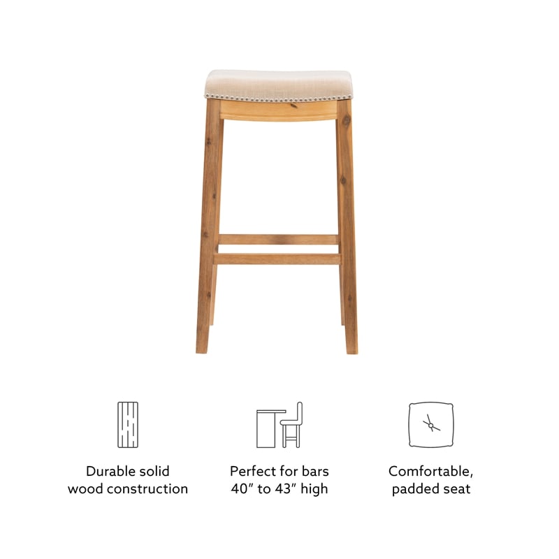 Linon Claridge Bar Stool Natural Padded Seat Acacia Wood Frame in Rustic Brown