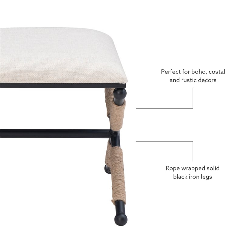Linon Anna Campaign Accent Stool Black Metal Legs with Rope Detail in Cream