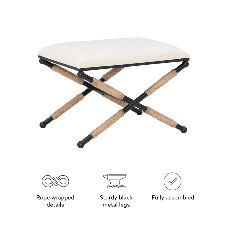 Linon Anna Campaign Accent Stool Black Metal Legs with Rope Detail in Cream