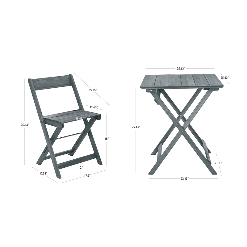 Linon Rey 3 Piece Acacia Wood Foldable Square Indoor Outdoor Bistro Set in Gray