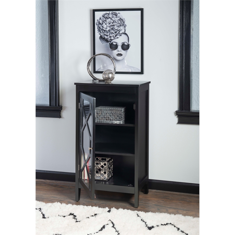 Linon Betty Small Wood Cabinet with a Glass Paneled Door and 3 Shelves in Black