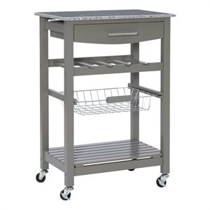Linon Natalie Granite Top Rolling Kitchen Storage Island in Gray Wood