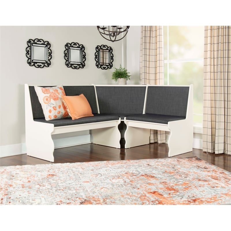 Linon Natasha Corner Nook Dining Set Charcoal Gray Fabric Seats in White Wood