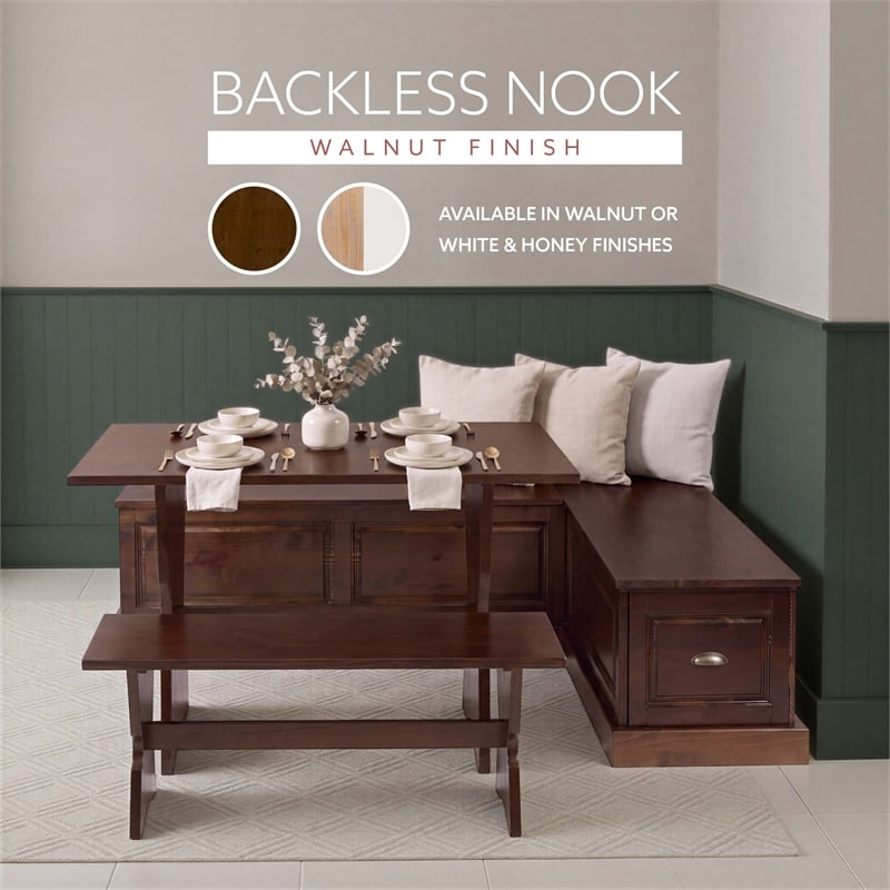 Linon Montery Backless 3 Piece Dining Nook with Storage in Walnut Finished Wood