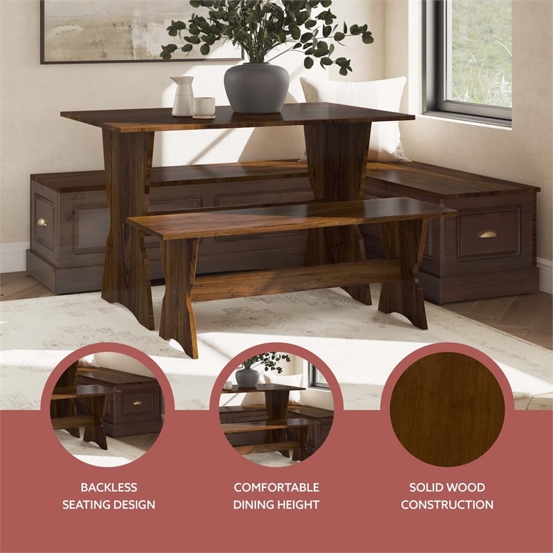 Linon Montery Backless 3 Piece Dining Nook with Storage in Walnut Finished Wood