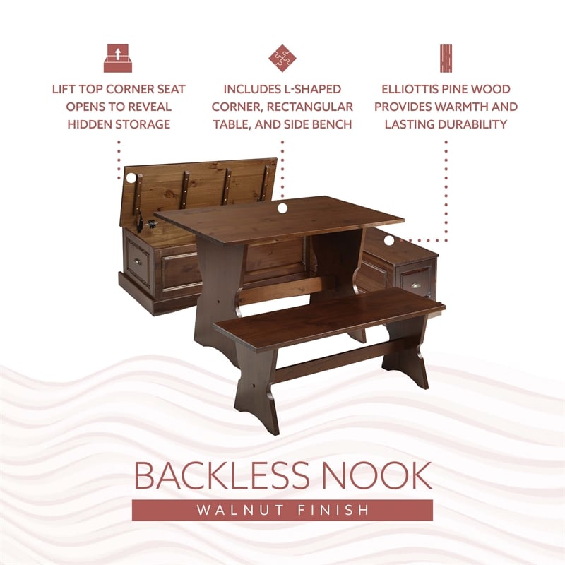 Linon Montery Backless 3 Piece Dining Nook with Storage in Walnut Finished Wood
