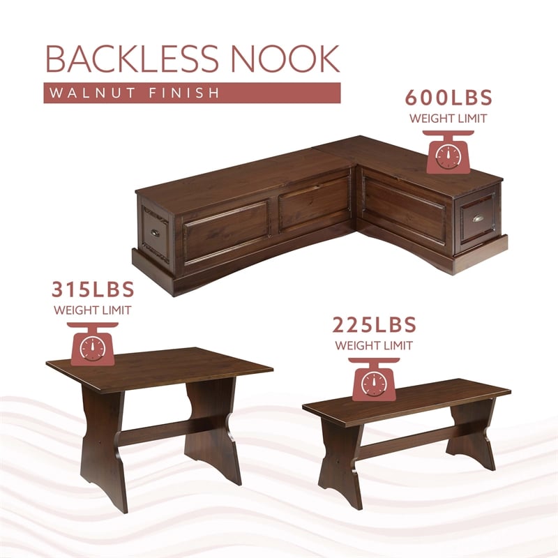 Linon Montery Backless 3 Piece Dining Nook with Storage in Walnut Finished Wood