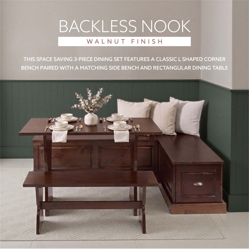 Linon Montery Backless 3 Piece Dining Nook with Storage in Walnut Finished Wood