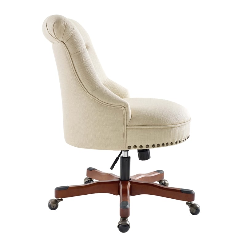 linon sinclair beige upholstered adjustable office chair in cherry wood base