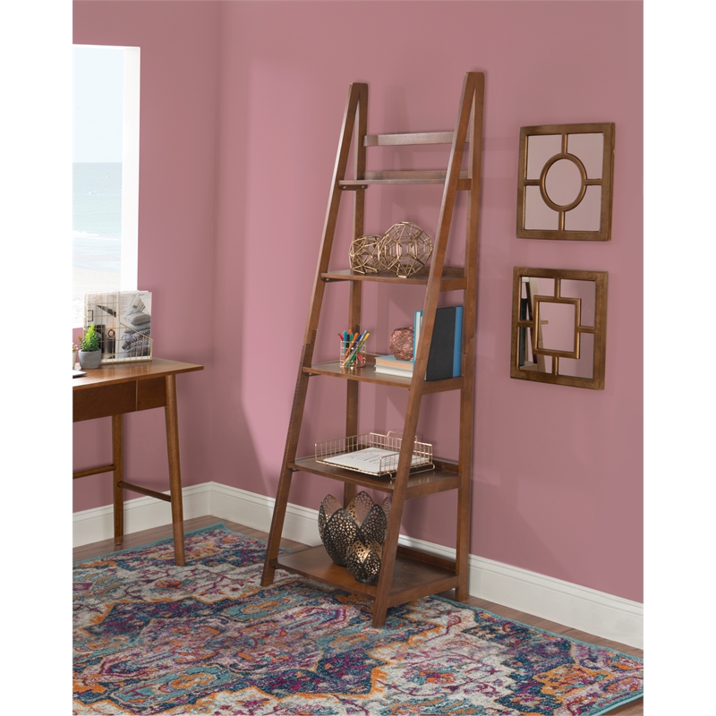 Linon Samantha Wood Five Shelf Bookcase in Brown