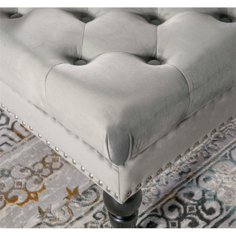 Linon Isabelle Square Upholstered Ottoman Black Legs in Light Gray Fabric
