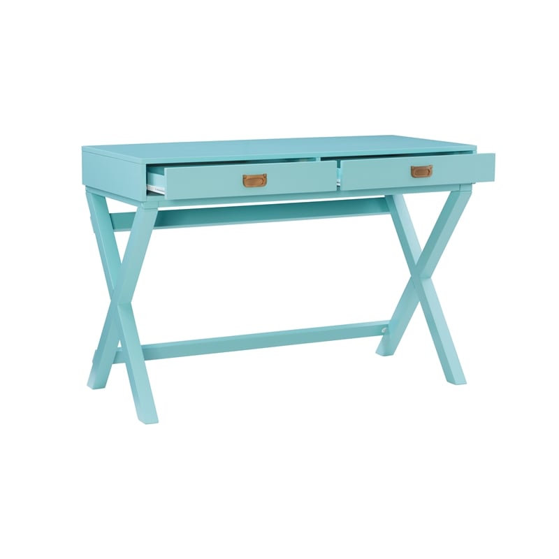 Linon Peggy Two Drawer Writing Desk with X Frame in Blue Painted Wood