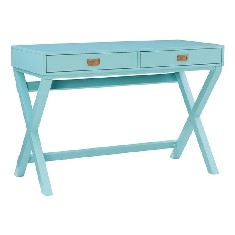 Linon Peggy Two Drawer Writing Desk with X Frame in Blue Painted Wood