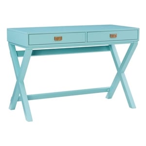Linon Peggy Two Drawer Writing Desk with X Frame in Blue Painted Wood