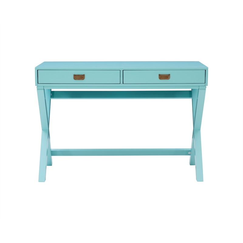 Linon Peggy Two Drawer Writing Desk with X Frame in Blue Painted Wood