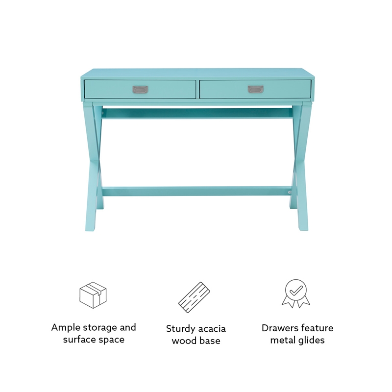 Linon Peggy Two Drawer Writing Desk with X Frame in Blue Painted Wood