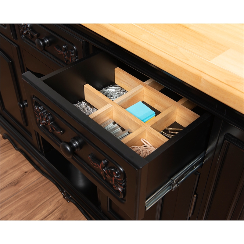 Linon Pennfield Kitchen Island Natural Top Ample Storage in Black Wood Base