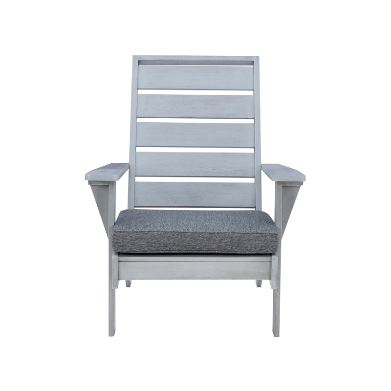 Linon Rey Sturdy Acacia Wood Outdoor Slat Back Chair With Cushion in Gray Finish