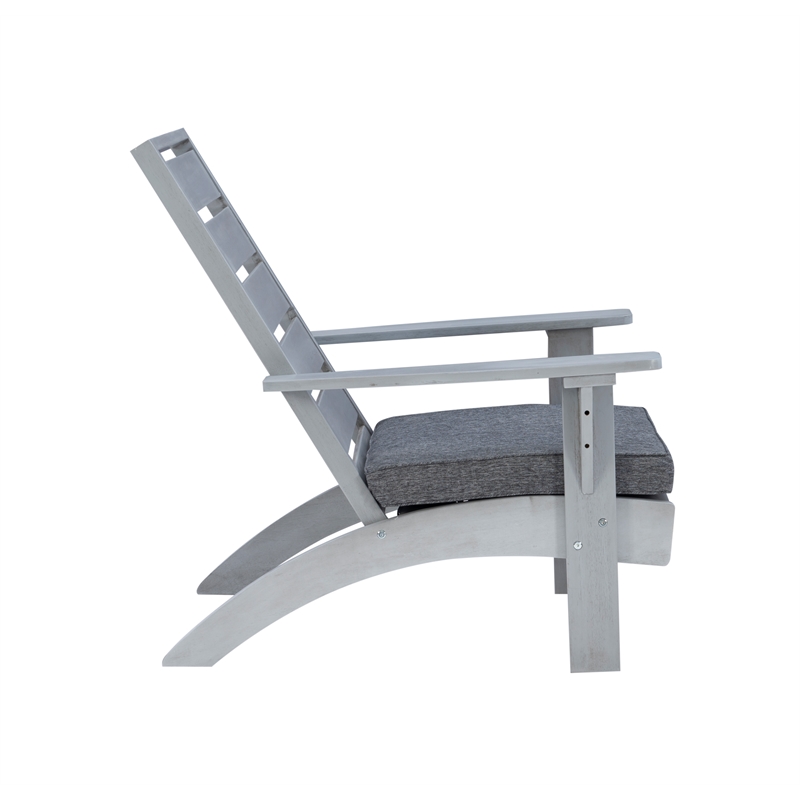 Linon Rey Sturdy Acacia Wood Outdoor Slat Back Chair With Cushion in Gray Finish