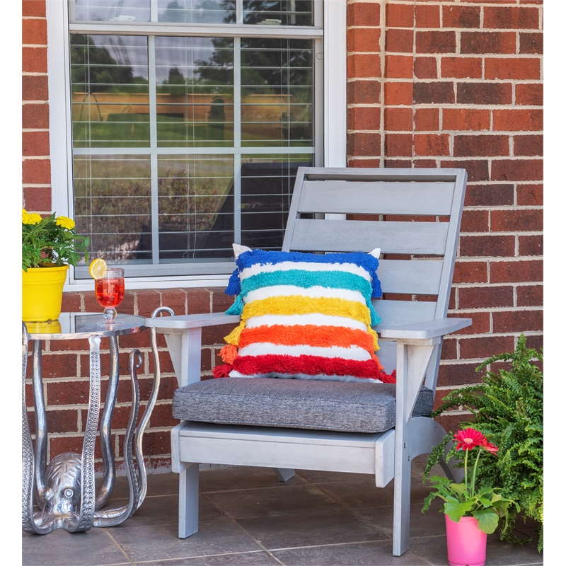 Linon Rey Sturdy Acacia Wood Outdoor Slat Back Chair With Cushion in Gray Finish