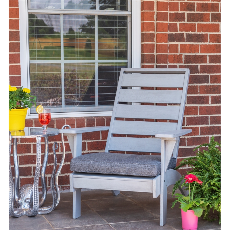 Linon Rey Sturdy Acacia Wood Outdoor Slat Back Chair With Cushion in Gray Finish