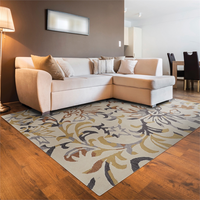 Linon Tripoli Branches Hand Tufted Polyester 8'x10' Rug in Ivory