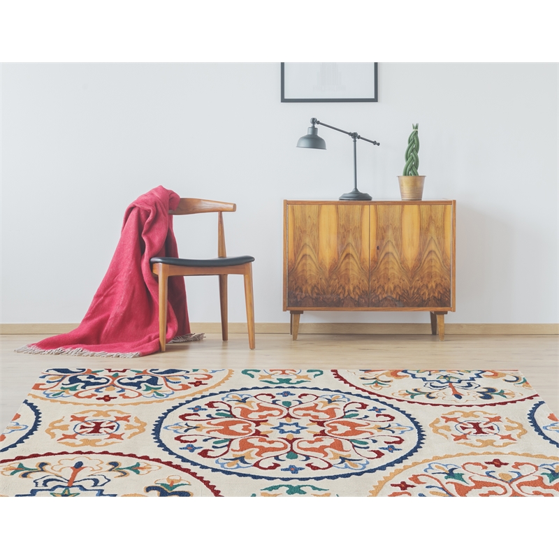 Linon Tripoli Rondels Hand Tufted Polyester 5'x7' Rug in Ivory