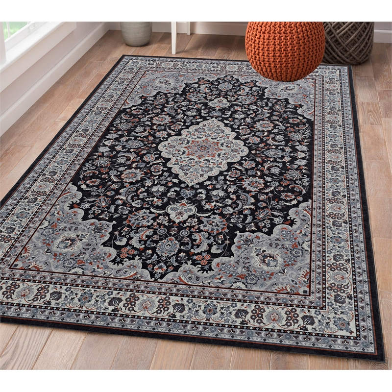 Linon Emerald Barton Woven Microfiber Polyester 5'x 7' Rug in Black