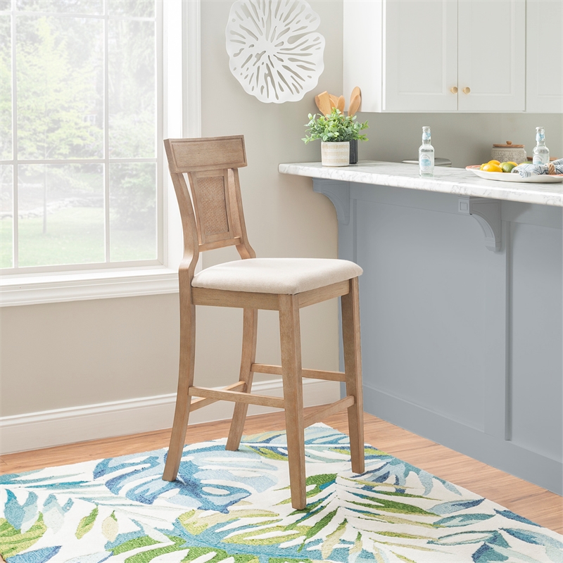 Linon Pacey Solid Wood Upholstered Bar Stool Woven Rattan Seat Back in Greywash