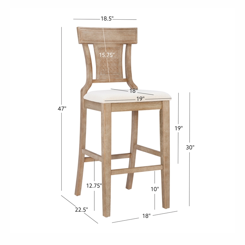 Linon Pacey Solid Wood Upholstered Bar Stool Woven Rattan Seat Back in Greywash