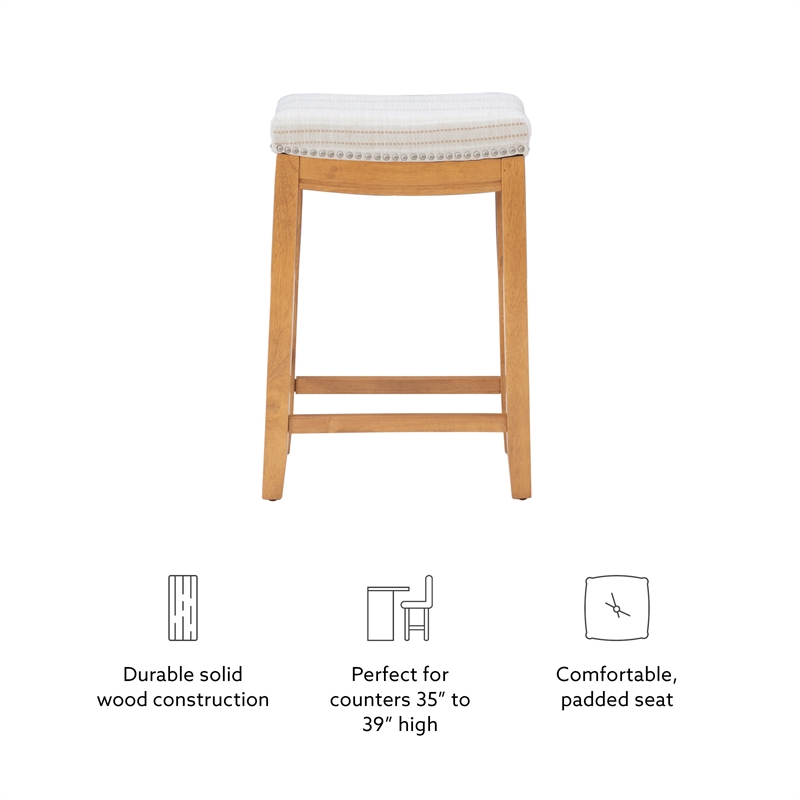 Linon Claridge Backless Counter Stool Striped Padded Seat Wood Frame in Brown