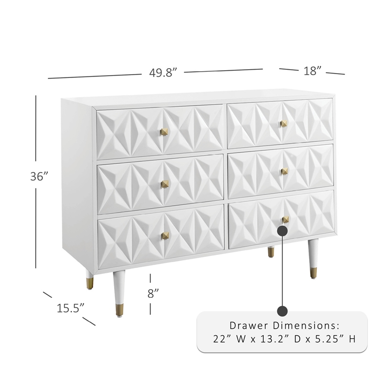 Linon Alick Wood Geo Texture 6 Drawer Dresser with Gold Hardware in Glossy White