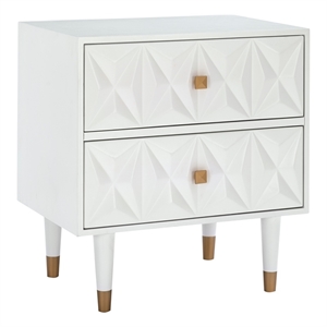 Linon Alick Wood Geo Texture 2 Drawer Nightstand Gold Hardware in Glossy White