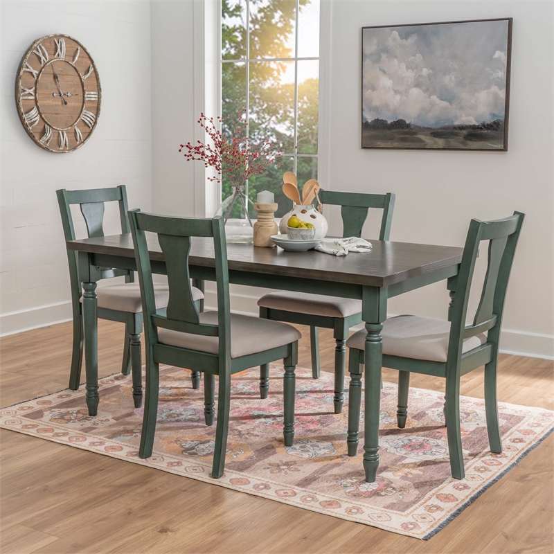 Linon Willow 2 Tone Five Piece Upholstered Dining Set in Teal Blue Wood