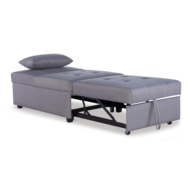 Linon Boone Upholstered Tufted Convertible Chair to Sofa Bed with Pillow in Gray