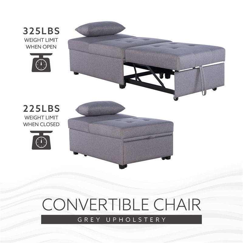 Linon Boone Upholstered Tufted Convertible Chair to Sofa Bed with Pillow in Gray
