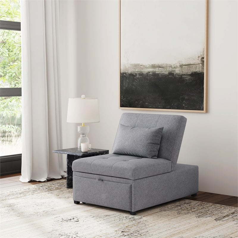 Linon Boone Upholstered Tufted Convertible Chair to Sofa Bed with Pillow in Gray
