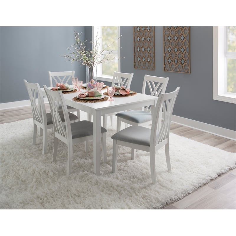 Linon Maggie Seven Piece Dining Set with Upholstered Fabric Seats in White Wood