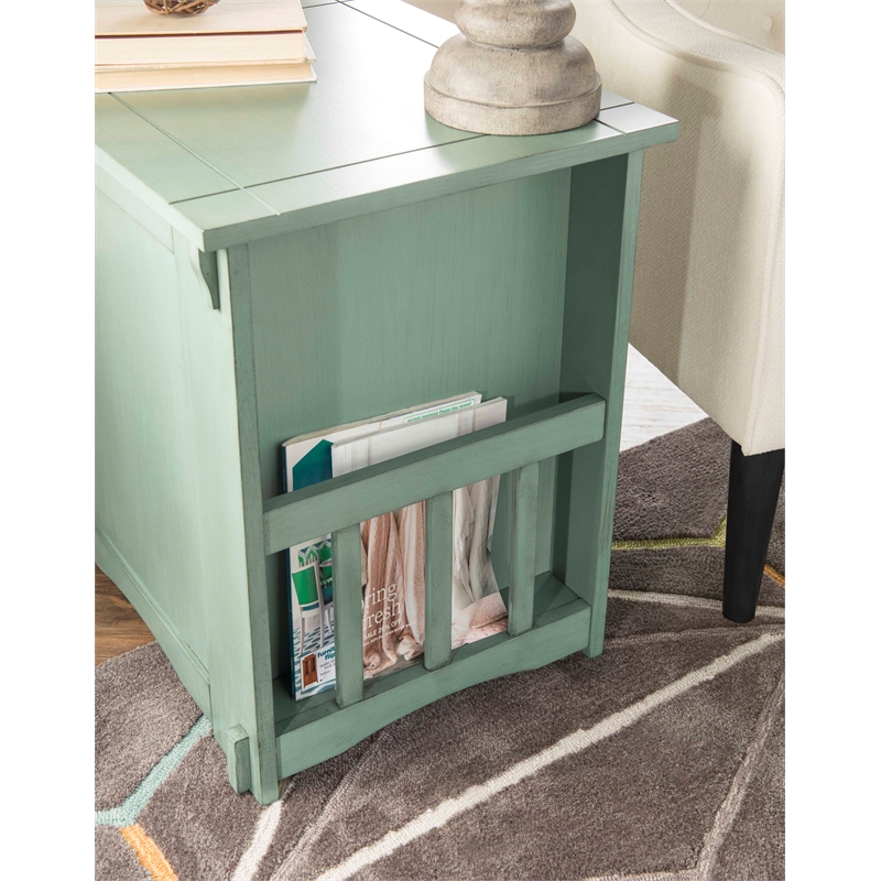 Linon Parnell Storage Side Table/Cabinet with Pull Out Shelf in Teal Wood
