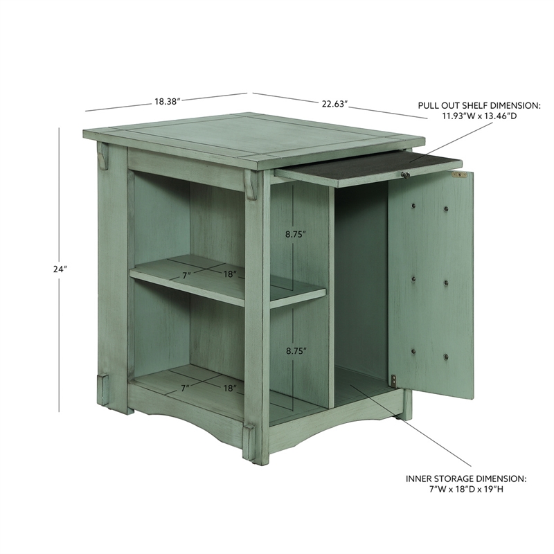 Linon Parnell Storage Side Table/Cabinet with Pull Out Shelf in Teal Wood