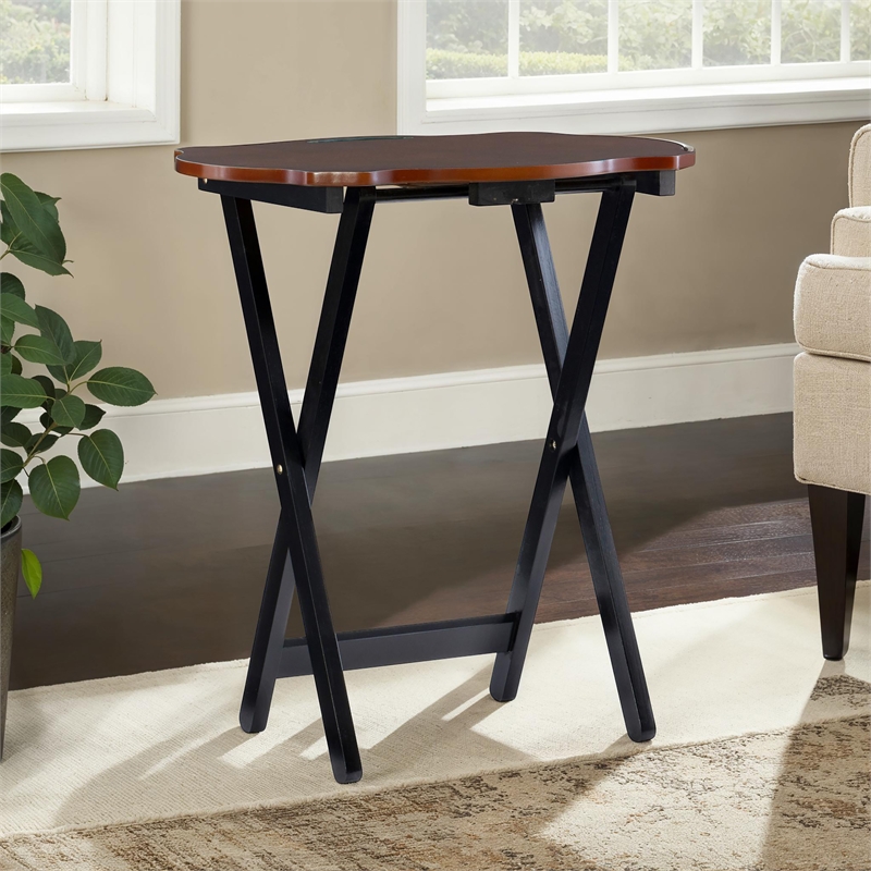 Linon Serpentine Five Piece Scalloped Edge Tray Table Set in Hazelnut/Black Wood