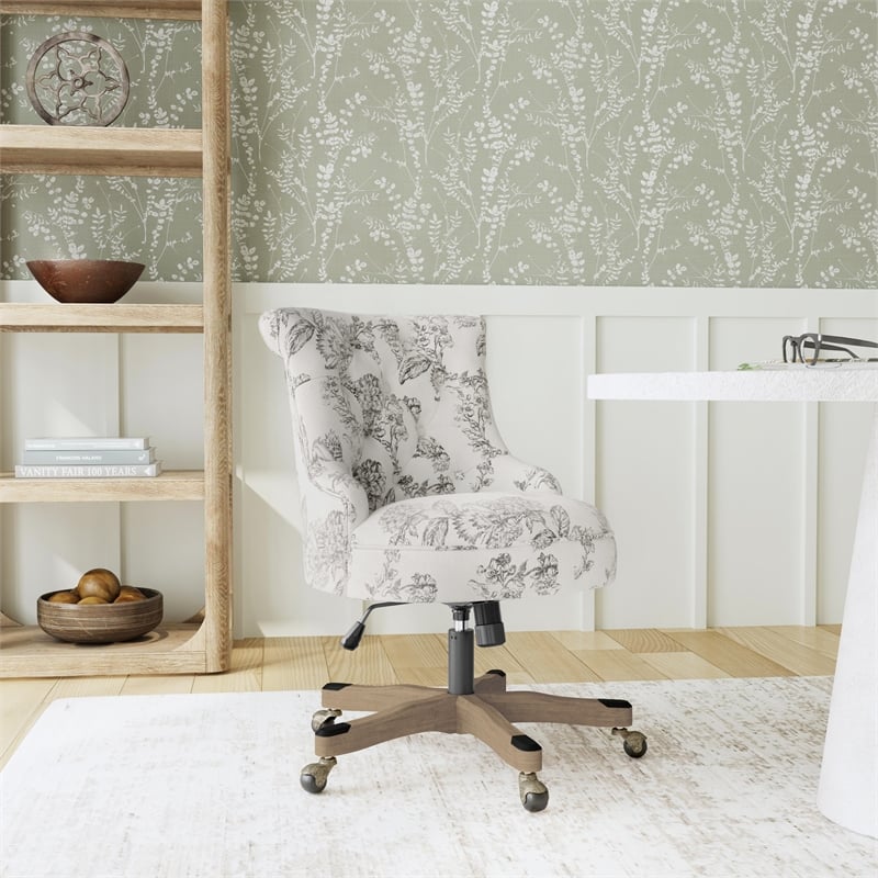 Linon Sinclair Wood Base Adjustable Rolling Office Chair in Floral Gray Fabric