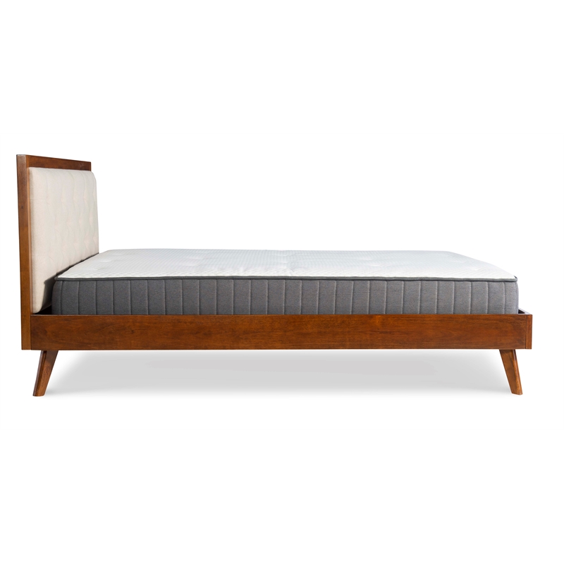 Linon Moore Mid Century Upholstered Platform Queen Bed Frame in Brown Wood