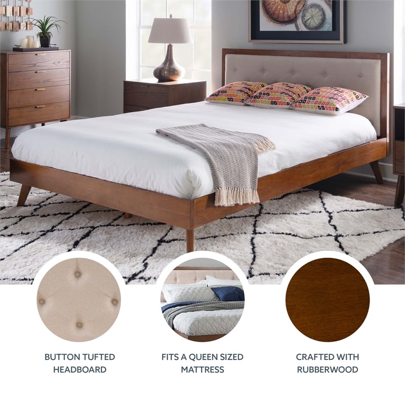 Linon Moore Mid Century Upholstered Platform Queen Bed Frame in Brown Wood