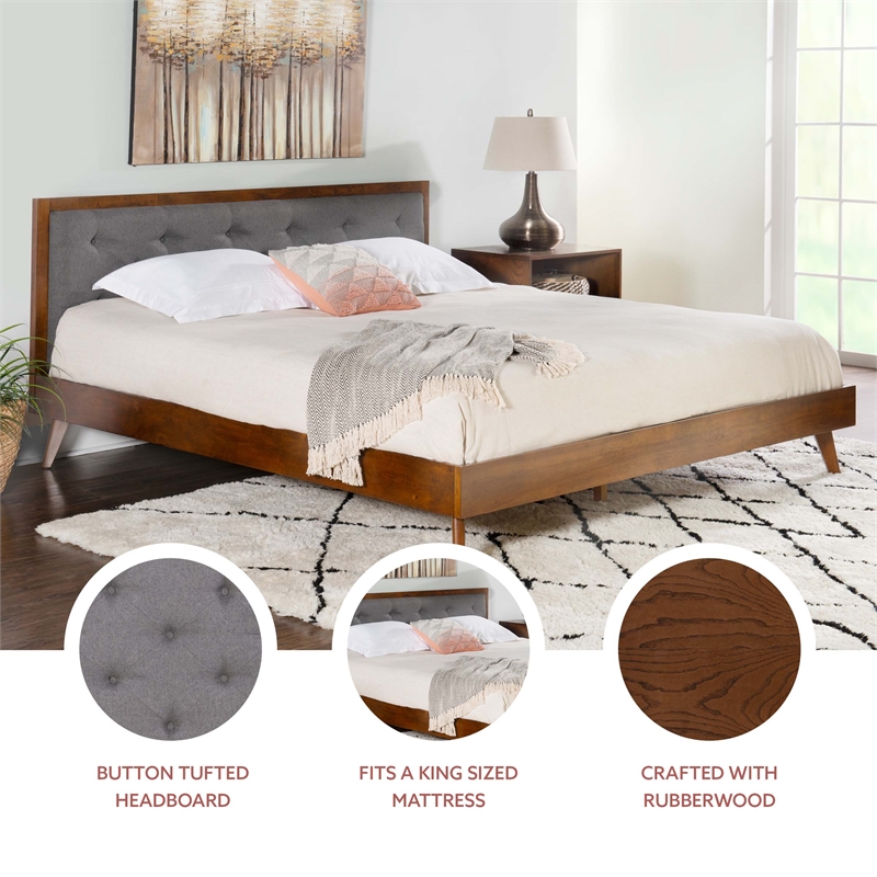Linon Moore Mid Century Upholstered Platform King Bed Frame in Brown Wood