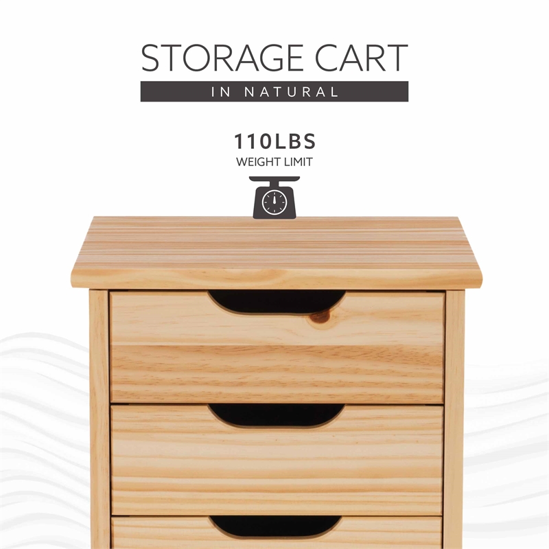 Linon Callie Six Drawer Rolling Storage Cart in Natural Brown Wood