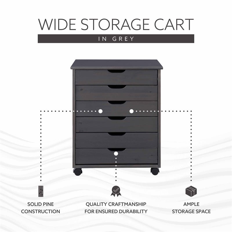 Linon Callie Six Drawer Wide Rolling Cart in Gray Wood