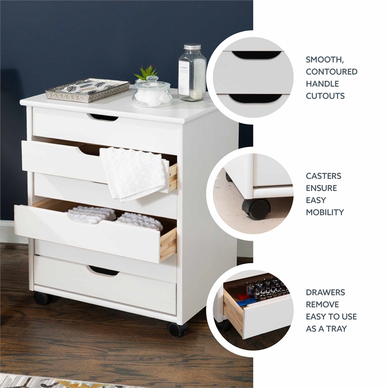 Linon Callie Six Drawer Wide Rolling Cart in White Wash Wood