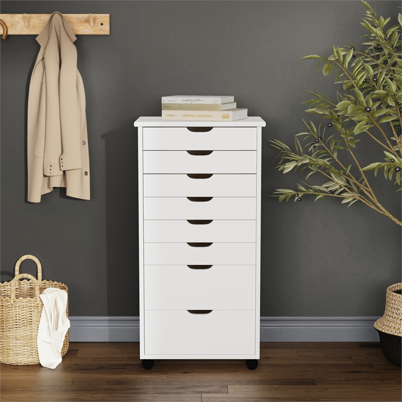 Linon Callie Eight Drawer Rolling Storage Cart in White Wash Wood